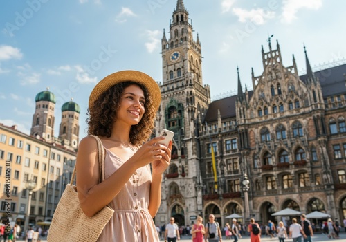 A stylish woman enjoys the sights of Munich, texting on her phone in Marienplatz with a smile.