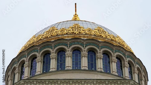 KRONSTADT, Russia - September 14, 2024: St. Nicholas Naval Cathedral. The Kronstadt Naval Cathedral on Yakornaya Square in cloudy weather in autumn. Autumn Kronstadt. Kotlin Island. 4K photo