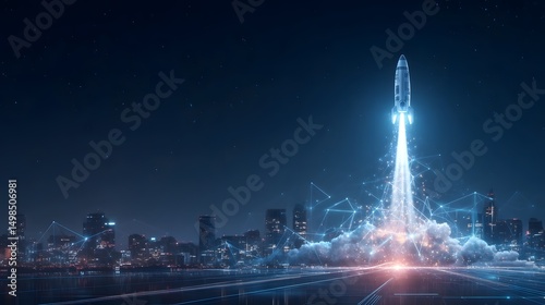 Entrepreneurial launch A rocket startup taking off showcasing the growth and innovation of digital technology in business development and leadership strategies
