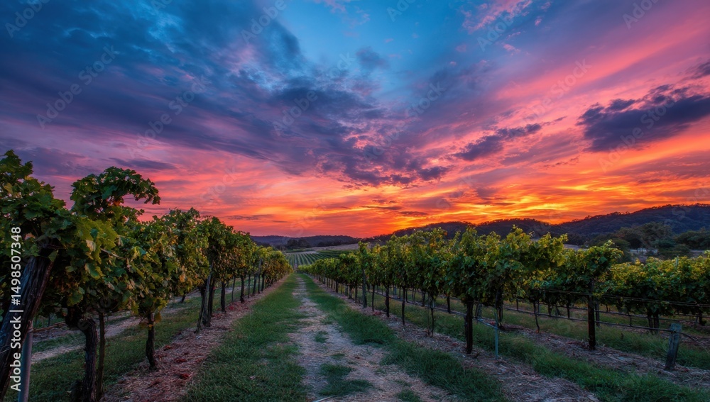 Obraz premium Vineyard rows at sunset scenic landscape