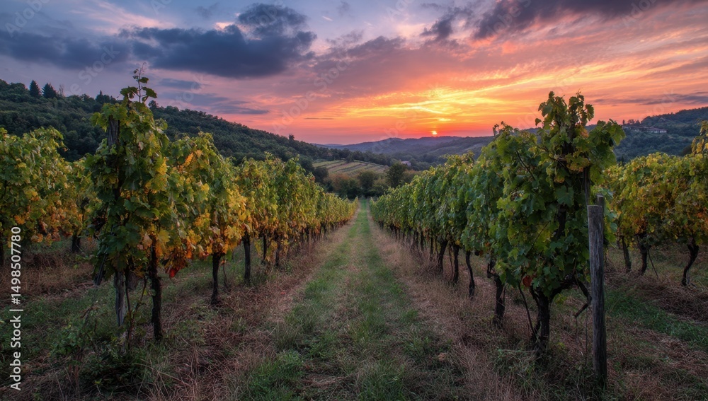 Fototapeta premium Vineyard rows at sunset in the countryside