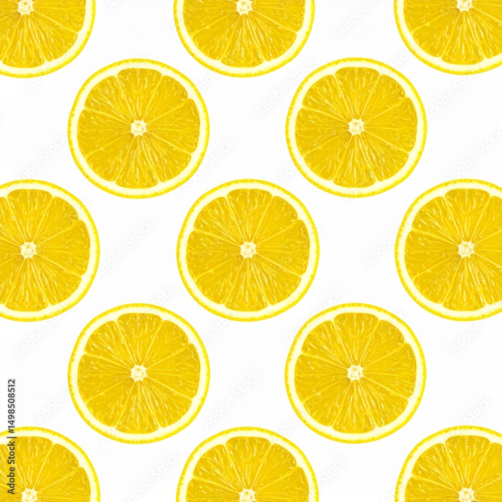 Obraz premium Juicy Lemon Slices Arranged in Overlapping Pattern with Juice Droplets on Isolated White Background