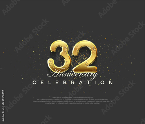 Luxurious design with shiny gold numerals, premium design for 32nd anniversary celebrations. Premium vector background for greeting and celebration.
