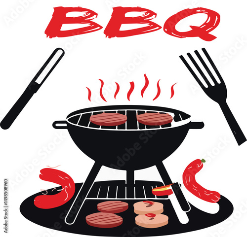 Grilled meat cooking on a hot barbecue with flames and kitchen utensils in a food illustration