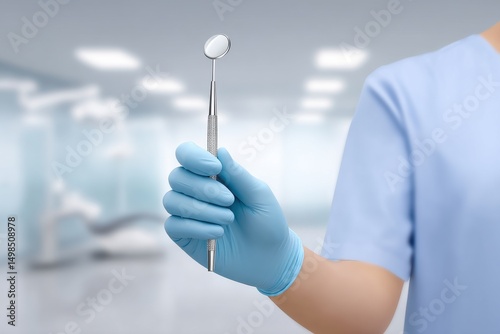 Close up of a dentist s hands wearing medical gloves and holding a dental mirror preparing to conduct an oral examination or procedure in a clinical setting