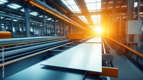 Metal sheet conveyor system in industrial factory setting