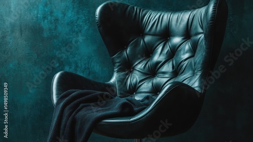 Black leather armchair with draped textile dark teal background