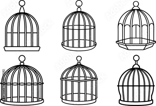 Set of bird cage outline line art illustration, coloring book page