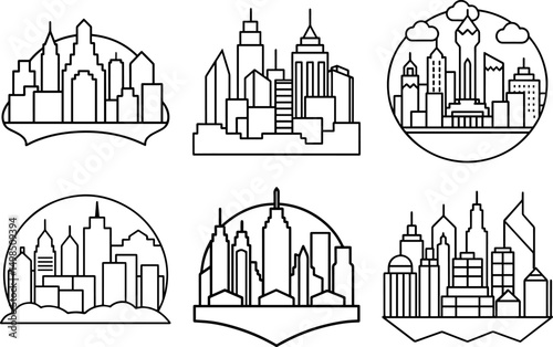 Set of Cityscape outline line art illustration, coloring book page