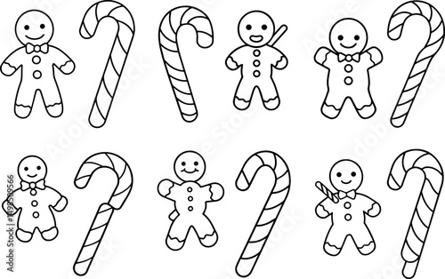 Set of candy cane and gingerbread outline line art illustration, coloring book page