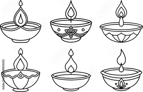 Set of diwali diya lamp outline line art illustration, coloring book page