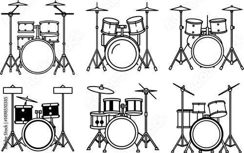 Set of drum kit outline line art illustration, coloring book page