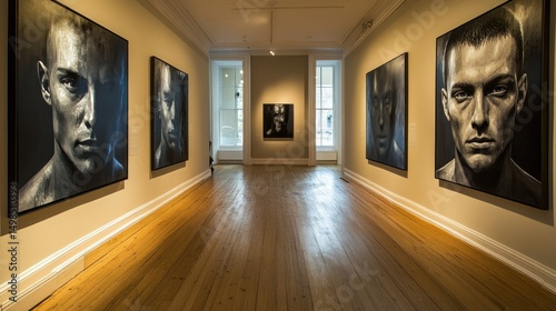 Monochromatic portraits in a gallery setting intense expressions and dramatic lighting