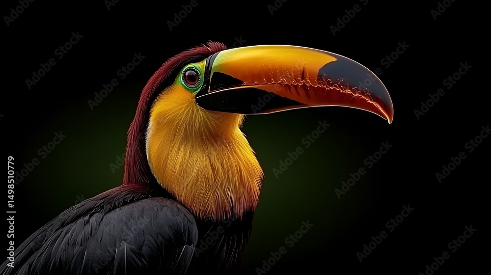 Obraz premium Close-up of a vibrant toucan with a striking beak against a dark background, showcasing its colors