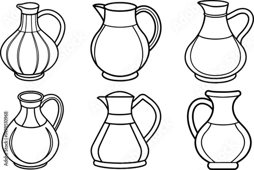 Set of Jug outline line art illustration, coloring book page