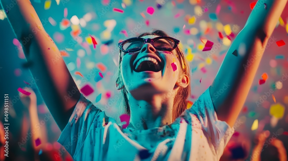 Obraz premium Joyful woman celebrates amidst a vibrant confetti storm