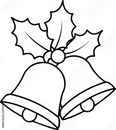Christmas bells and holly outline line art illustration, coloring book page