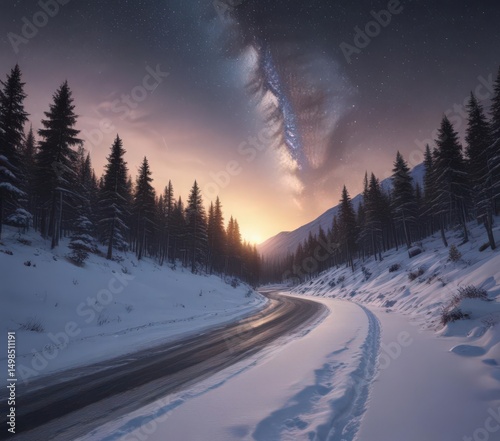 winding road through snowy forest, dramatic sunrise and milky way above ,  background,  beautiful