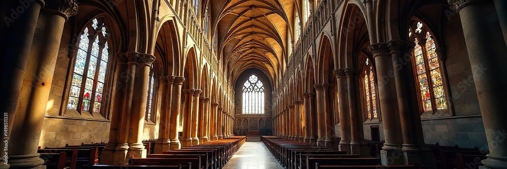 Fototapeta premium Majestic medieval church, soaring gothic arches, intricate stone carvings, stained glass windows illuminating the nave A breathtaking example of medieval architecture , buttress, building, culture