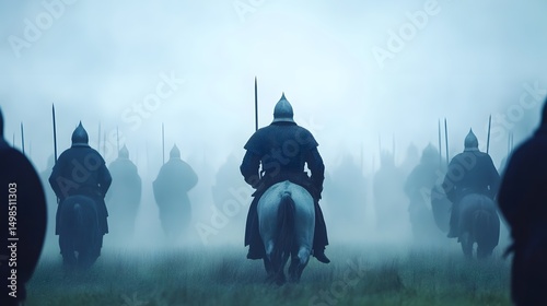Medieval warriors charging through the mist in a cinematic battle reenactment photo