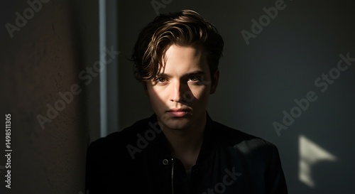 Contemplative Man Portrait Lit by Window Light Dramatic Shadow