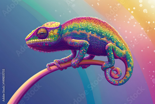 Colorful chameleon perched on a branch against a vibrant, abstract background with shimmering lights