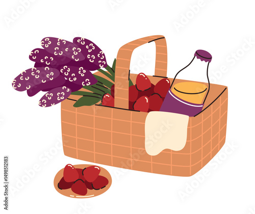Basket with flowers and picnic food. Strawberries, juice. Flat vector illustration.