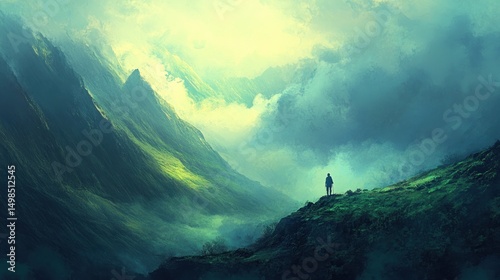 Solitary figure on mountaintop overlooking misty valley