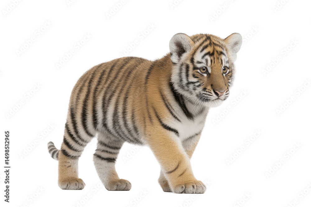 Obraz premium Cute tiger cub standing alone with striped fur and curious look, cut out