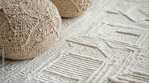 Textured knit poufs on geometric woven rug neutral colors soft home decor