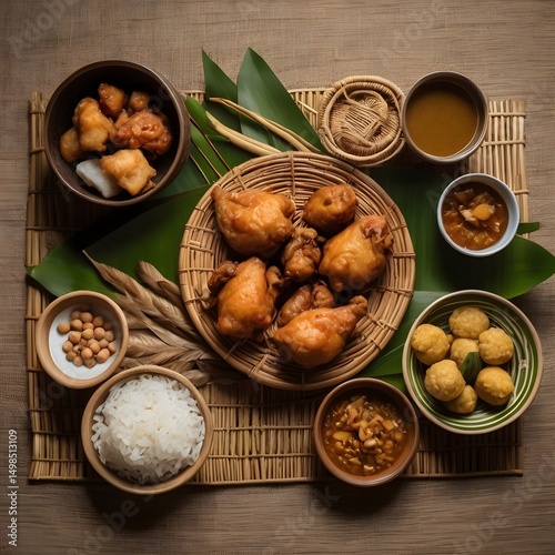 Top view of traditional Gawai food like bamboo chicken, lemang, and kuih jala  photo