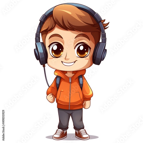 Adorable cartoon boy listening to music with headphones isolated on white background