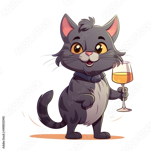 Elegant cat standing and sipping wine on a white background for unique designs