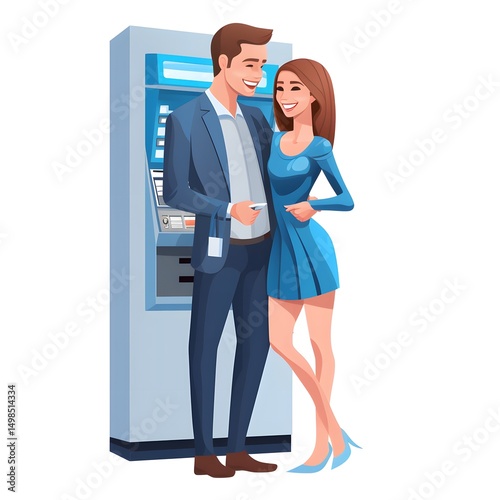 Professional Couple Making Withdrawal at ATM Machine, Banking Transaction in Progress