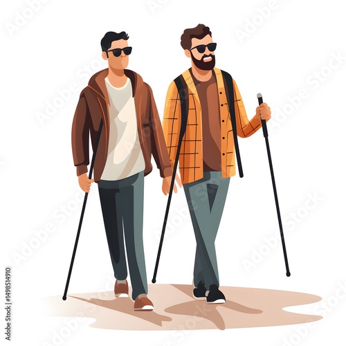 Professional blind man with sunglasses and cane standing confidently for visual impairment concept