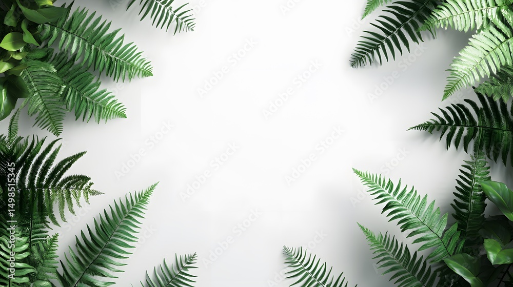 Obraz premium Lush fern leaves frame a white background.