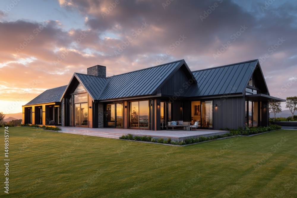 Obraz premium Modern house exterior at sunset with green lawn