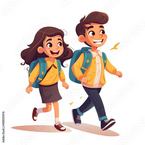 Diverse Cute Classmates in Uniform Hurry Together to Primary School