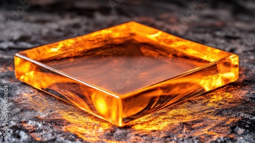 Luminous amber glass cube on dark background