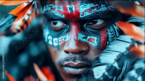 A man with face paint and feathers on his head. The man is wearing a mask and has a serious expression on his face