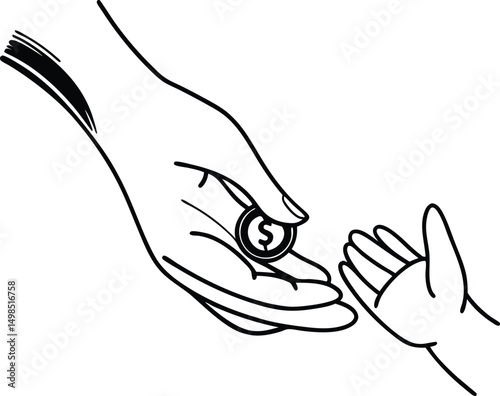 An adult hand holds out a gold coin to a child hand.