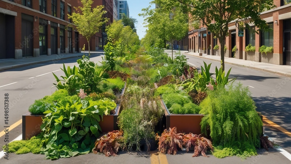 Fototapeta premium Urban Oasis: A Street Transformed by Greenery and Nature