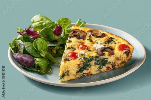 Delicious vegetable and cheese frittata slice served on a plate with fresh mixed salad greens on a pastel blue background photo
