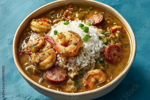 Delicious seafood and sausage gumbo with rice served in a white bowl on teal background outdoor dinner meal comfortfood hearty bowl