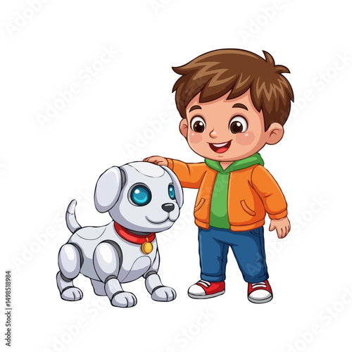 Cute cartoon child interacting with robotic puppy, smart toy dog, vector character illustration