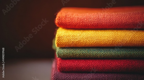 Colorful fabric swatches stack warm hues textured surface close up view