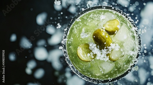 Fototapeta Naklejka Na Ścianę i Meble -  Refreshing Green Pickleback Cocktail Drink with Ice Cubes and Salt Rim Gourmet Beverage Photography  Alcoholic Drink Recipe Summer Refreshment bar pub icy food menu blog 