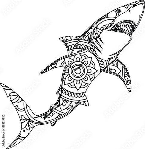 Ornate Shark Mandala Intricate Line Art Design