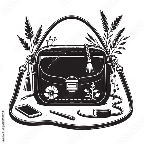 Black Color Crossbody Bag Silhouette Vector Illustration, Solid White Background. minimal vector design