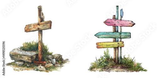 signpost in the wilderness watercolor vector illustration